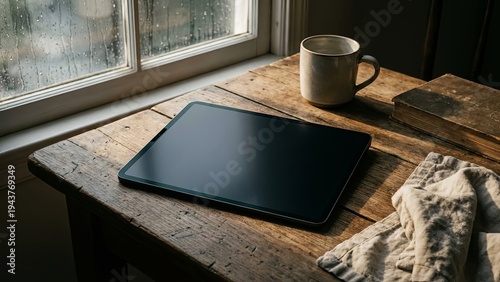 Cozy tablet desk on rainy day with coffee cup, book, and linen cloth by window.