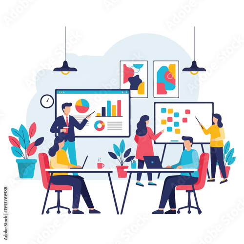 A team in a creative office space presenting data visualizations