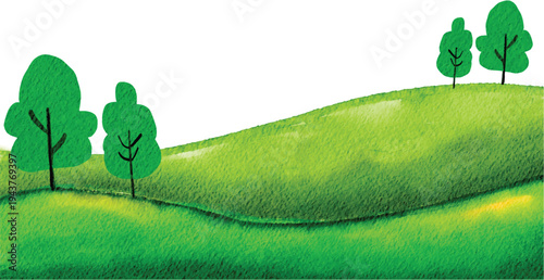Cute watercolor green grass and trees. cute hand painted greenery field, nursery illustration isolated on white background for baby decor