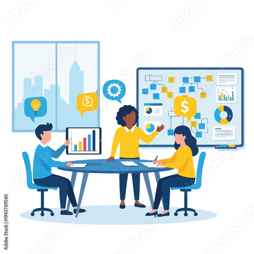 A team in a meeting discusses ideas, data, and financial topics