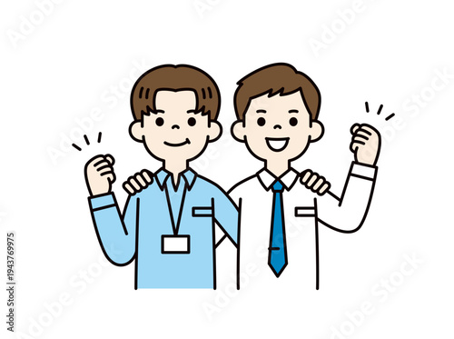 肩を組んで笑顔でガッツポーズをする、2人の若いビジネスマンの上半身ベクターイラスト素材