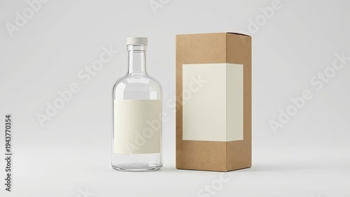 Minimalist glass bottle and craft paper box mockup for product showcase.