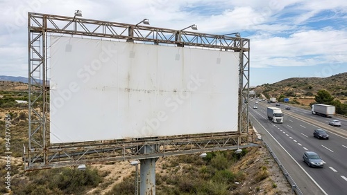 Empty billboard on highway with advertising space, roadside, trucks, cars, and travel.