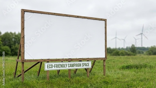 Empty billboard in a green field with wind turbines in background, and ecofriendly.