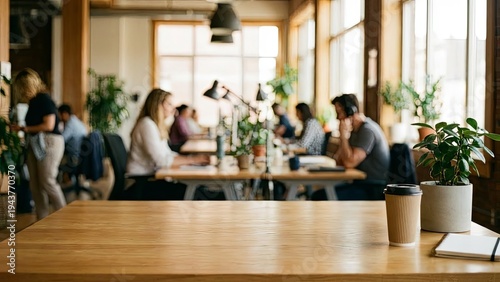 Busy modern openplan office with blurred people working with plants, and sunlight.