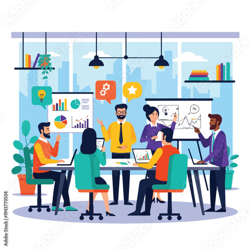 A team is having a brainstorming meeting in a modern office