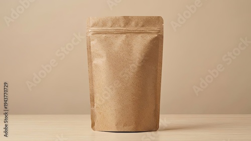Kraft Pouch Mockup Blank StandUp Zipper Bag on Wood Surface.