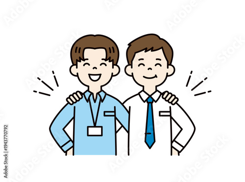 笑顔で肩を組む、ワイシャツ姿の若い会社員・同僚・ビジネスマンの上半身ベクターイラスト素材