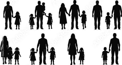 Parents and children silhouettes holding hands isolated on white background, representing family love, parenting, care, unity, and modern family life concept
