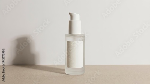 Minimalist cosmetic serum bottle with blank label and soft shadow.