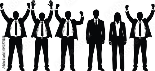 Business team silhouettes celebrating success with raised hands isolated on white background, corporate victory, teamwork achievement, leadership and motivation concept