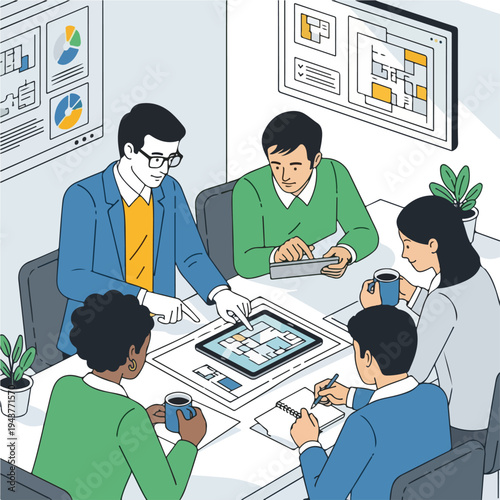 A team meets around a table reviewing a tablet display