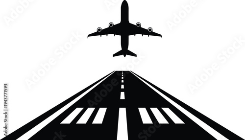 Airplane taking off from runway silhouette illustration representing aviation travel, airport transportation and commercial airline flight departure concept