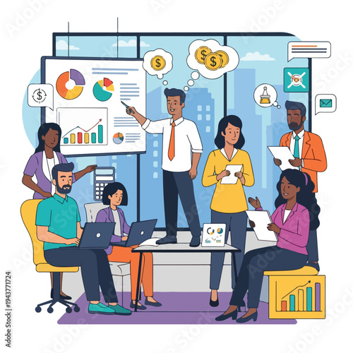 A team of diverse professionals collaborating on a business presentation