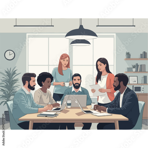 A team of diverse professionals in a collaborative office meeting