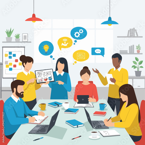 A team of people work together in a modern collaborative office space