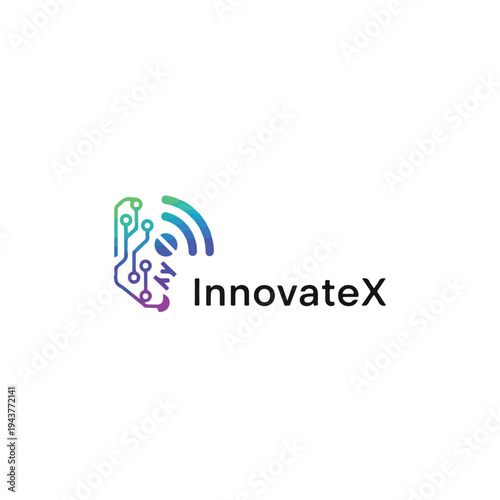 A tech-themed logo design with circuit board and signal symbol