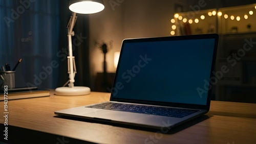 Cozy night desk setup laptop glowing under desk lamp with warm lights.