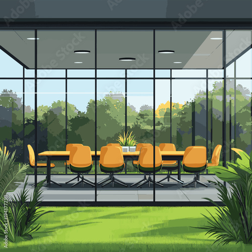 A modern conference room is framed by glass walls, with chairs arranged around a table, set against a backdrop of green grass. , vector style simple color