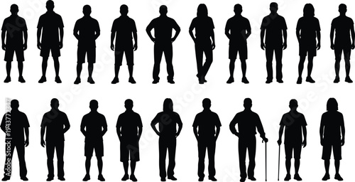 People silhouettes standing in different casual poses isolated on white background, human body proportions, age diversity, and lifestyle concept illustration