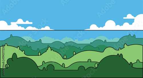 A stylized cartoon landscape with sky, clouds, and rolling hills