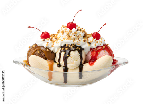 Classic banana split ice cream sundae with toppings.
