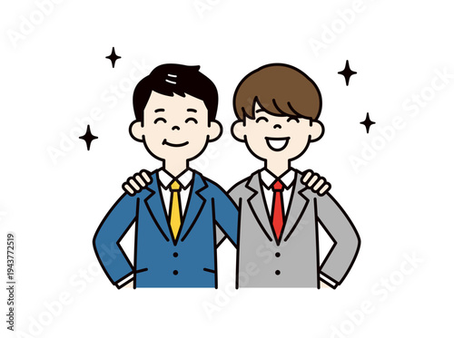 楽しそうに肩を組む、スーツを着た若いビジネスマン・男性社員・同僚の上半身ベクターイラスト素材
