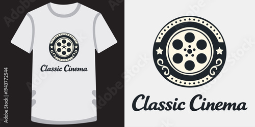 Vintageinspired classic cinema tshirt design featuring a film reel logo with decorative elements perfect for movie lovers and retro fashion enthusiasts