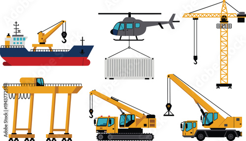 Heavy construction and transport machinery set including tower crane, mobile crane, crawler crane, cargo ship, helicopter lifting container and industrial port equipment illustration