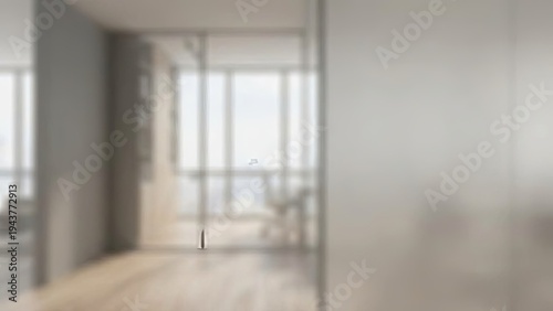 Modern Office Interior with City View through Large Windows.