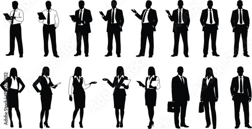 Business men and women silhouettes working and communicating isolated on white background, professional office people, corporate teamwork and leadership concepts