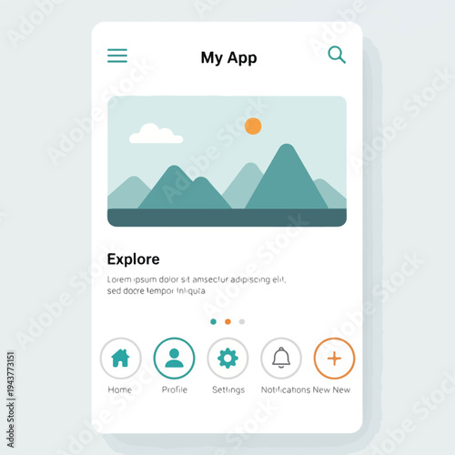 A UI screen mockup depicting app navigation with landscape header
