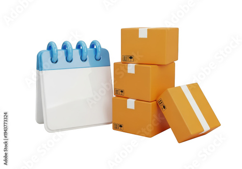 3d icon of a desk calendar and stacked orange delivery boxes, isolated on transparent background