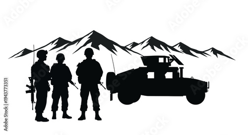 Silhouette of Soldiers and Military Vehicle in Mountainous Landscape