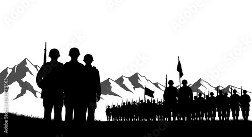 Silhouette of Soldiers Marching with Mountains in Background
