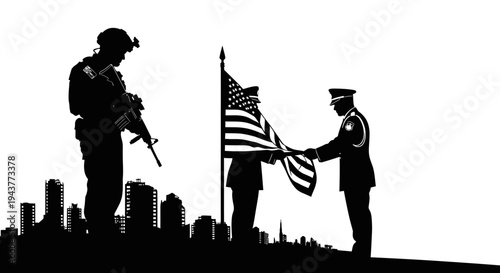 Silhouette of Soldiers Raising American Flag with City Skyline Background