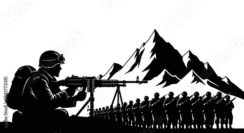 Silhouette of Soldiers with Machine Gun and Mountain Landscape