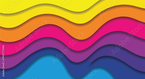 A vibrant abstract design composed of layered, undulating waves of color