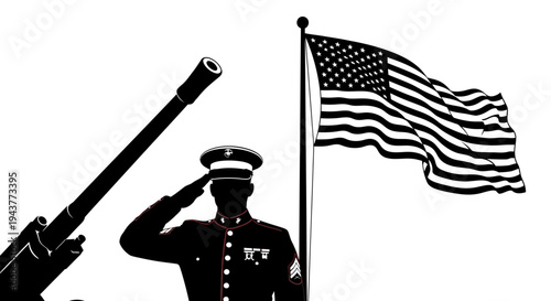 Silhouette of US Marine Saluting American Flag Next to Artillery Gun