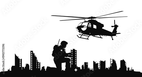 Silhouette Soldier and Helicopter Over Ruined Cityscape