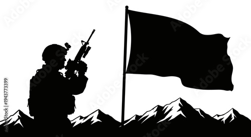 Silhouette Soldier Raising Rifle Beside Waving Flag on Mountain Peak