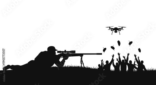 Sniper Aims Drone Dropping Gifts on Cheering Crowd Silhouette