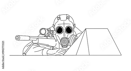 Sniper in Gas Mask Aiming Rifle from Cover, Post-Apocalyptic Soldier Concept