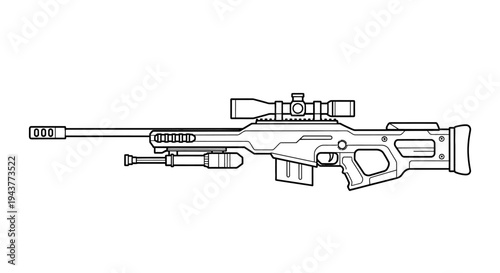 Sniper Rifle with Scope and Bipod - Line Art Illustration