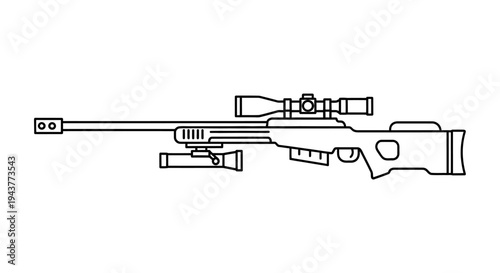 Sniper Rifle with Scope and Bipod, Outline Vector Illustration