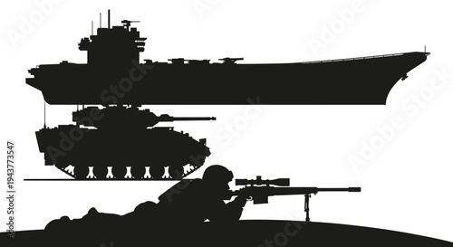 Sniper soldier aiming at aircraft carrier and tank, military power comparison