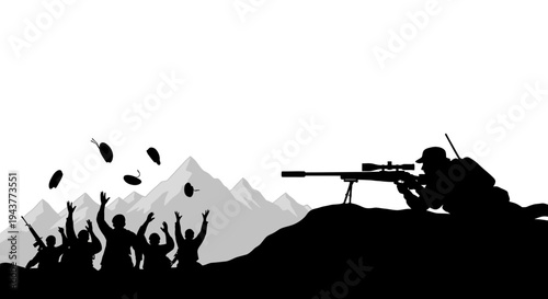 Sniper silhouette aiming at crowd throwing grenades, war conflict concept