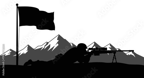 Sniper soldier aiming rifle on mountain landscape with flag silhouette