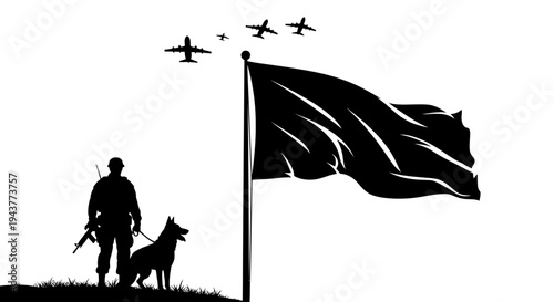 Soldier And Military Dog Standing Guard Beside Waving Flag with Airplanes Flying Overhead