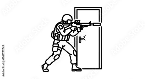 Soldier breaching door with assault rifle, tactical entry, swat team action, combat illustration